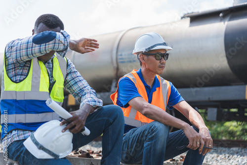 Construction Workers Taking a Break on Railway Tracks, Railroad Engineers Resting by a Freight Train, Tired Industrial Workers by Train Carriages