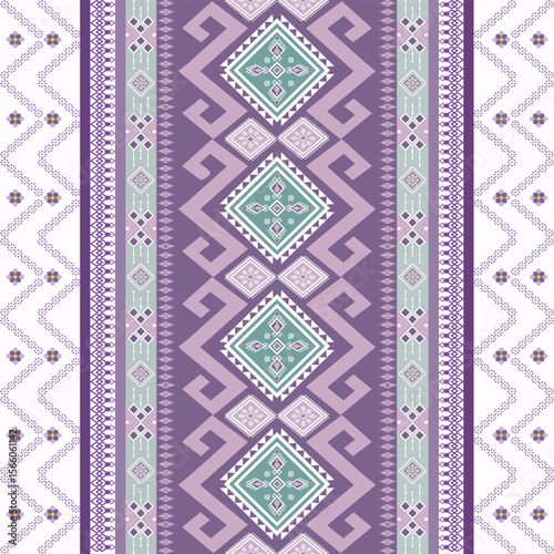 Traditional Asian tribal textile pattern with geometric motifs in purple and mint green tones. Inspired by hill tribe weaving and ethnic fabric design