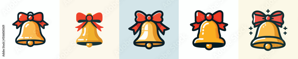 Obraz premium Golden Christmas Bell Vector Set – Holiday Jingle Bell Icons with Red Bow