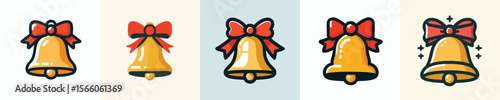 Golden Christmas Bell Vector Set – Holiday Jingle Bell Icons with Red Bow