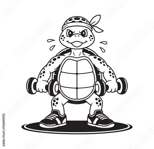 Strong cartoon turtle lifting dumbbells in black and white style, fitness gym mascot character illustration on white background.