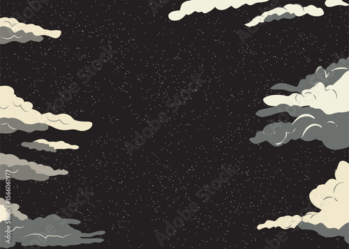 a dark, starry night sky framed by stylized, layered clouds in muted tone. abstract flat design for background wallpaper