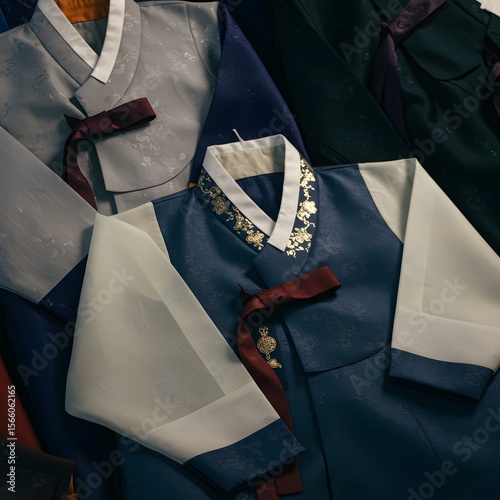 A neatly organized collection of Korean traditional hanbok. Traditional Textiles and Culture Exhibition