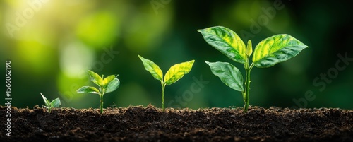Young plants in various growth stages thrive in rich soil, bathed in sunlight, symbolizing growth, progress, and the power of nature.