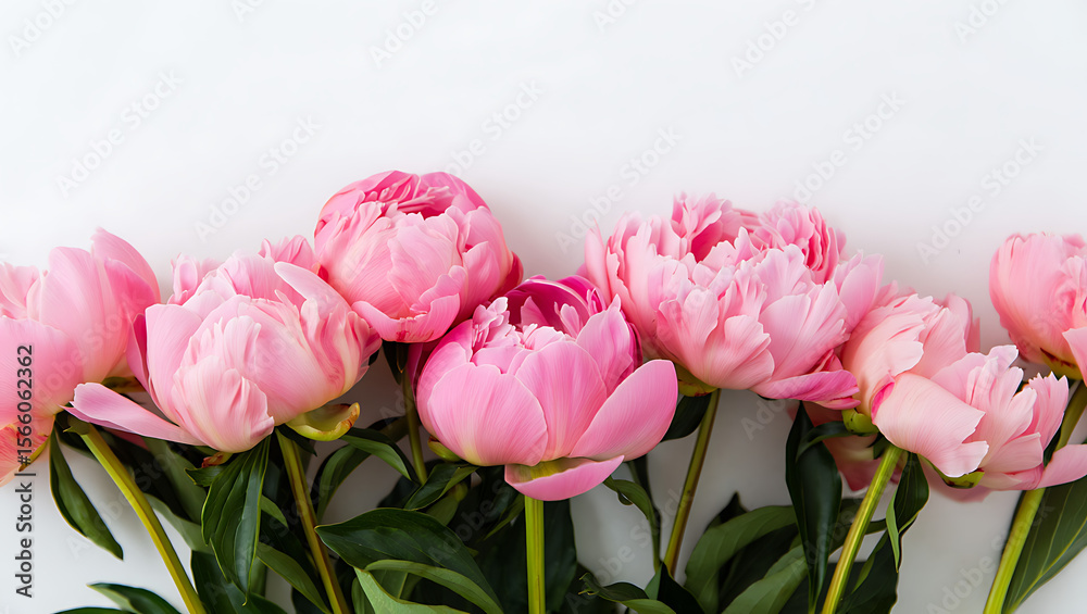 Obraz premium A horizontal arrangement of several beautiful pink peonies with lush green leaves against a clean white background
