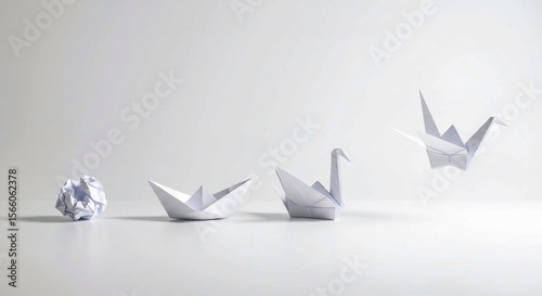 white origami crane, Origami Metamorphosis Crumpled Paper to Boat to Swan to Flying Bird Transformation, White Background, Growth Concep