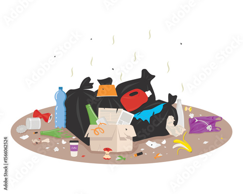 Vector illustration of a garbage pile with full trash bags, scattered waste, plastic, paper, and food scraps. Concept of pollution, littering, and environmental contamination. Flat cartoon style.