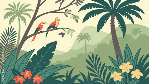 Tropical rainforest illustration with toucans and palm trees vector background for nature lovers design 100