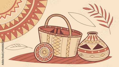 Still life drawing of basket pottery and decorative plate with leaf elements in neutral colors