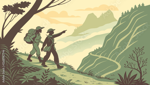 Hiking adventure illustration of hikers on mountain trail with scenic landscape background vector art style