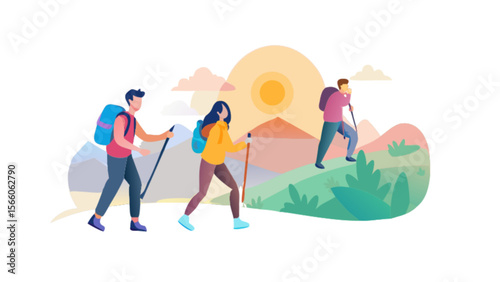 Hiking adventure with friends: explore mountains, backpacks, walking sticks, outdoor recreation and travel trip