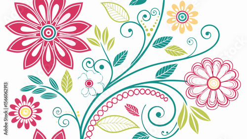 Floral design vector art with pink flowers, green leaves, and swirls for spring and summer decorations