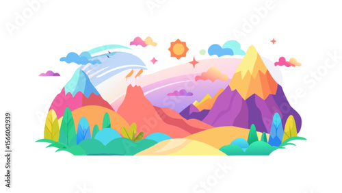Colorful mountain landscape cartoon illustration vector design background wallpaper graphic art nature scene 100