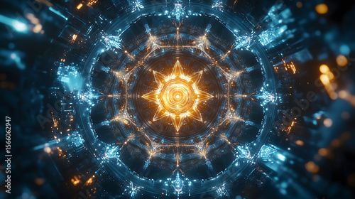 A complex mandala-style geometric pattern, sharp symmetrical details, vibrant colors, glowing effects