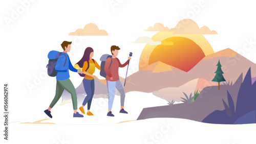 Hiking adventure with friends in nature landscape background vector illustration for travel and tourism 100