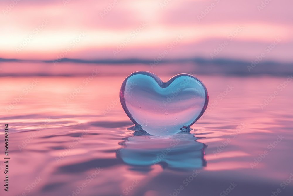 Fototapeta premium Floating pink and blue heart on tranquil ocean at sunset reflects soft pastel colors, Pink and blue heart floating on a pink ocean at sunset