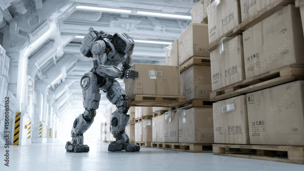 Photorealistic scene of a robotic exosuit lifting a crate in a futuristic warehouse, evoking a sense of advanced technology and industrial efficiency. Inspired by sci-fi themes.