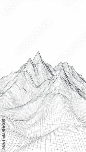 Digital Wireframe Mesh Of A Mountain Range Abstract Landscape Against White Background