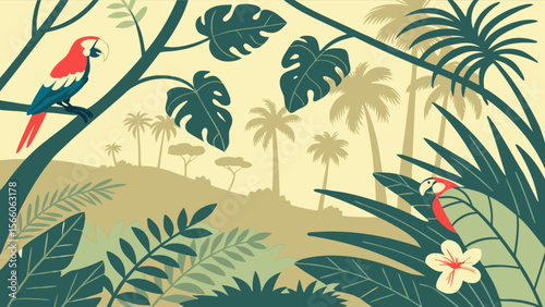 Tropical jungle scene with parrots and palm trees vector illustration for nature and wildlife lovers