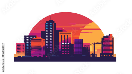 Cityscape skyline illustration of urban city buildings at sunset with construction crane vector graphic design