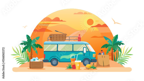Beach vacation with van vector illustration summer travel trip with palm trees and sunset background design 100