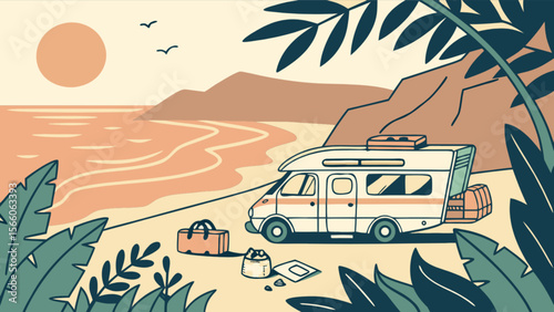 Vintage camper van parked on beach with tropical foliage and ocean view for travel and adventure scene