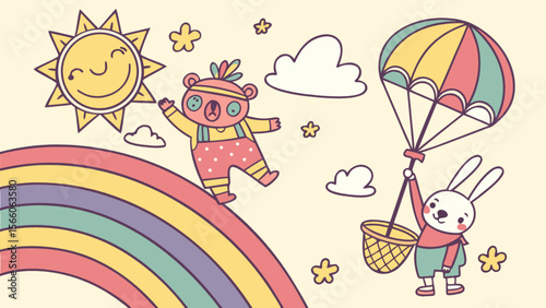 Cute cartoon illustration of bear rabbit sun rainbow parachute vector design for children and kids art
