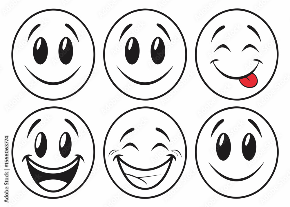 Collection of Six Black and White Cartoon Smiley Faces with Various Expressions on a White Background Collection of Six Black and White Cartoon Smiley Faces with Various Expressions on a White Background
