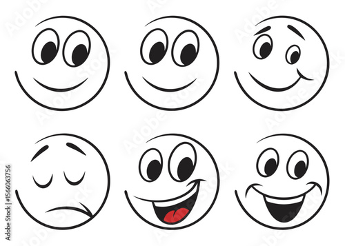 Collection of Six Cartoon Smiley Faces Expressing Various Emotions Drawn in Black and White with One Featuring a