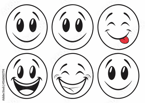 Collection of Six Black and White Cartoon Smiley Faces with Various Expressions on a White Background