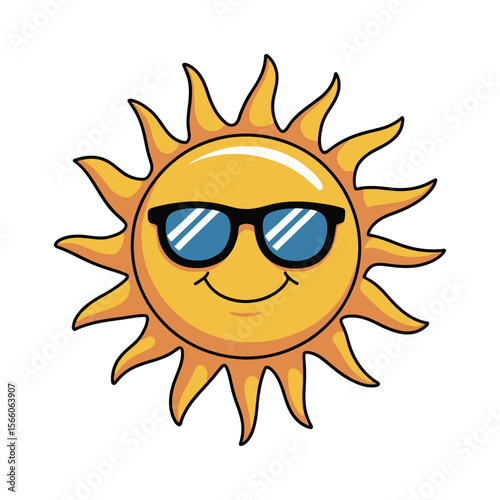 Cartoon sun with sunglasses smiling and enjoying summertime on a white background