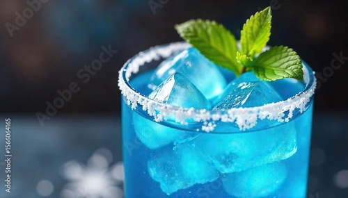 Close-up shot of a vibrant blue snowflake-shaped ice drink, garnished with a sugared rim and a sprig of mint Perfect for winter or holiday themed menus and advertisements , teal, beverage