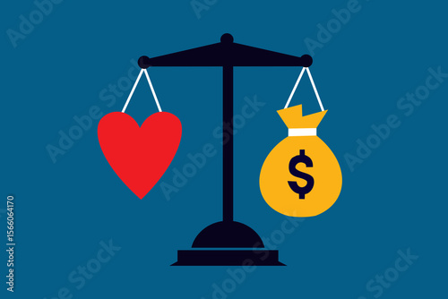 Vector illustration of a scale with a heart and a money bag representing the balance between emotions and financial priorities.