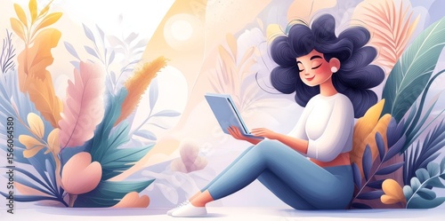 Woman engaging with tablet in vibrant botanical setting during daytime, showcasing serene expression while surrounded by colorful flora and soft lighting effects