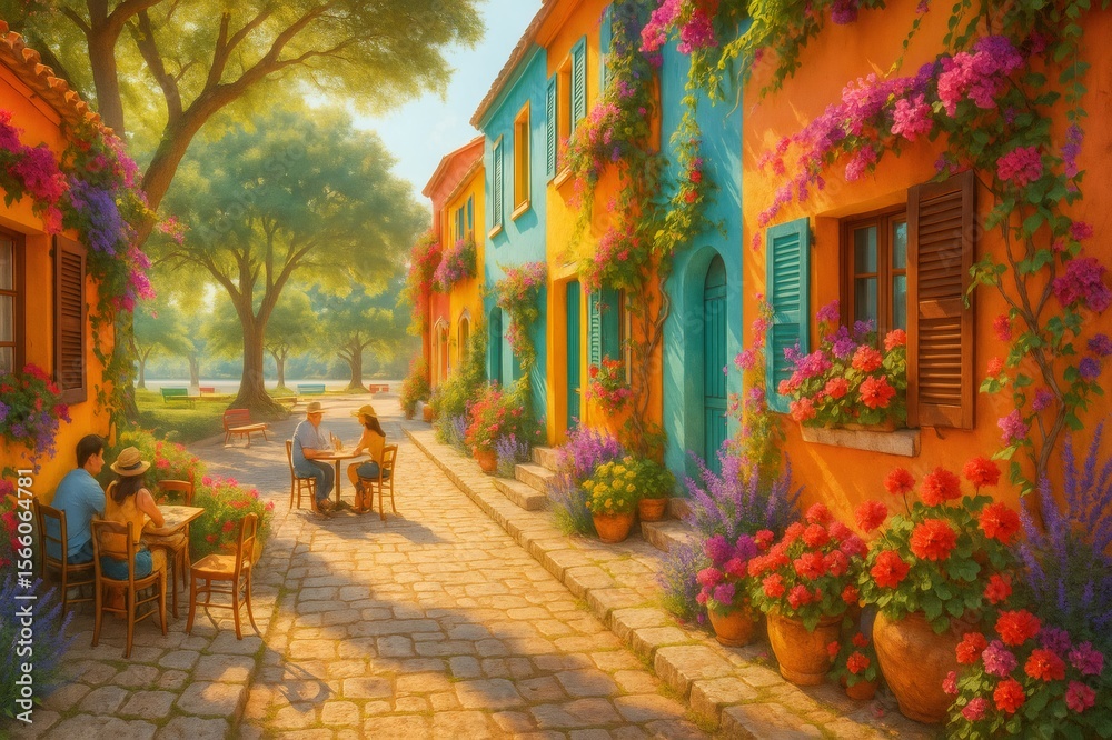 Fototapeta premium People enjoying summer vacation in charming Italian village with colorful houses and flowers