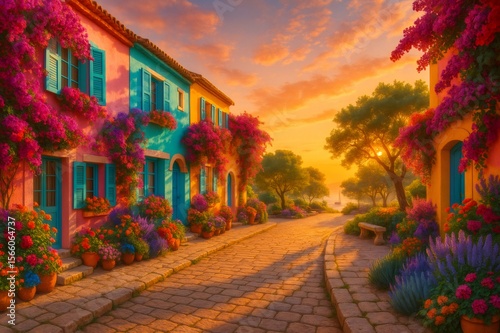 Colorful mediterranean village at sunset with flowers covering houses
