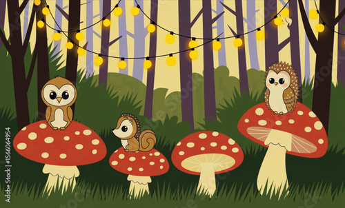 Whimsical Forest Wallpaper with Cute Creatures on Mushrooms Under Fairy Lights at Dusk