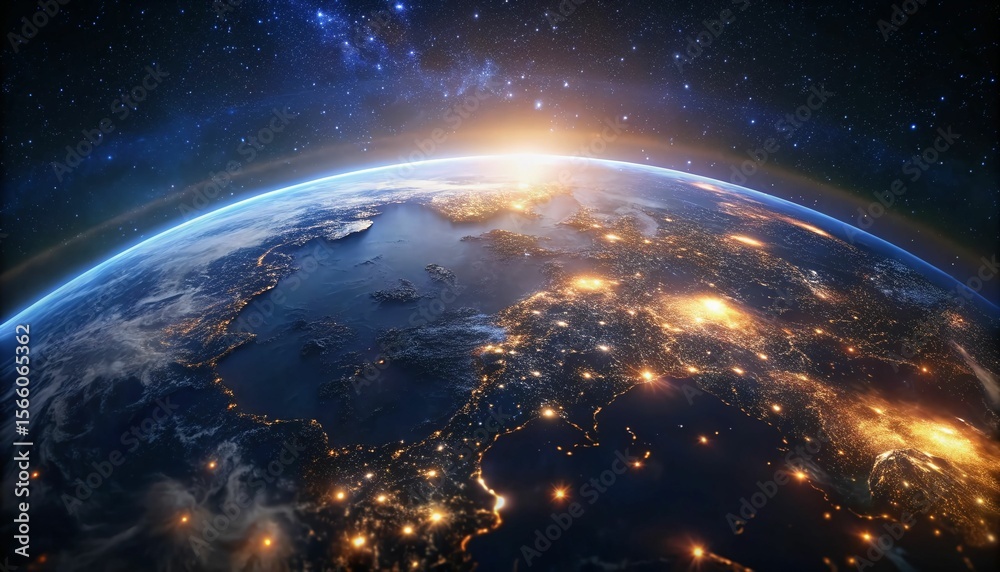 Fototapeta premium Stunning view of earth at night from space, showing city lights and the milky way