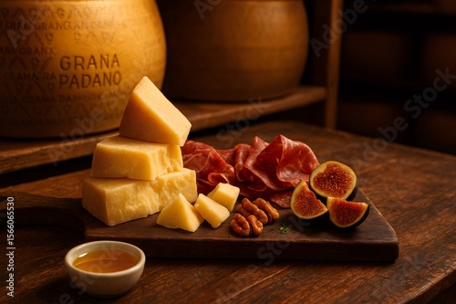 Grana Padano cheese with figs, walnuts, bresaola and honey on wooden cutting board