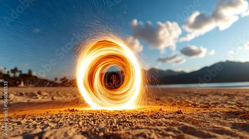 A circular vortex of orange light on a sandy beach, with sparkling particles and a blue sky with fluffy white clouds above. Distant mountains and palm trees adds to the scenic background