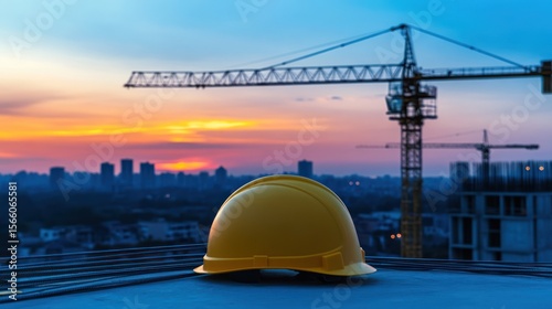 Wallpaper Mural Yellow hard hat foregrounds construction site with skyline under a colorful sunset Torontodigital.ca