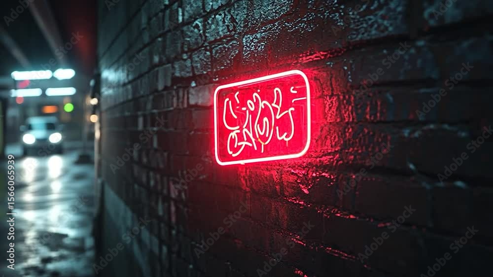 Close-up shot of a red neon sign on a wet brick wall at night. The glow of the neon illuminates the surrounding bricks. In the background, blurred lights from vehicles and city elements suggest a