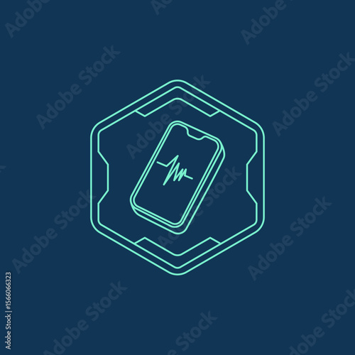 Futuristic Outline Mobile Phone Wave Signal within Hexagon Shape Icon