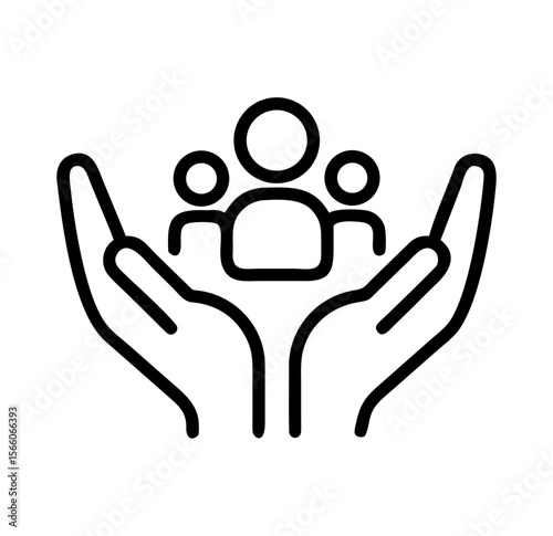 Caring hands holding a group of people icon for community support and inclusion.