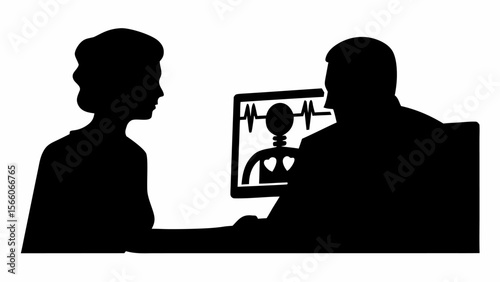 Silhouette of doctor and patient looking at x ray on computer screen in black and white illustration