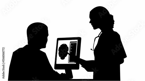 Silhouette of doctor explaining brain scan to patient on computer screen in black and white view scene