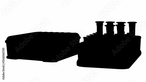 Silhouette depiction showing a treasure chest and a steamship with multiple smokestacks on a white background