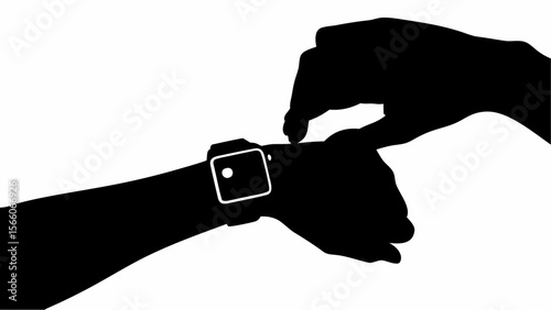 Silhouette of hand touching the screen of a smart watch on a wrist in a black and white illustration style