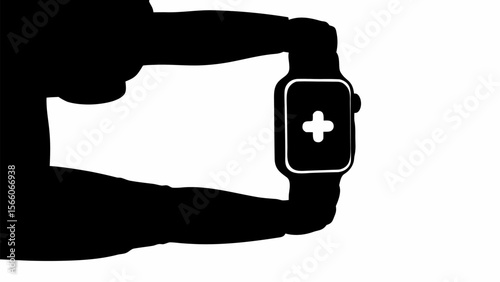 Silhouette of hand holding a smartwatch with a plus sign on the screen against a white background