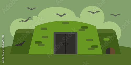 Cartoon Bunker With Moss Covered Doors And Bats